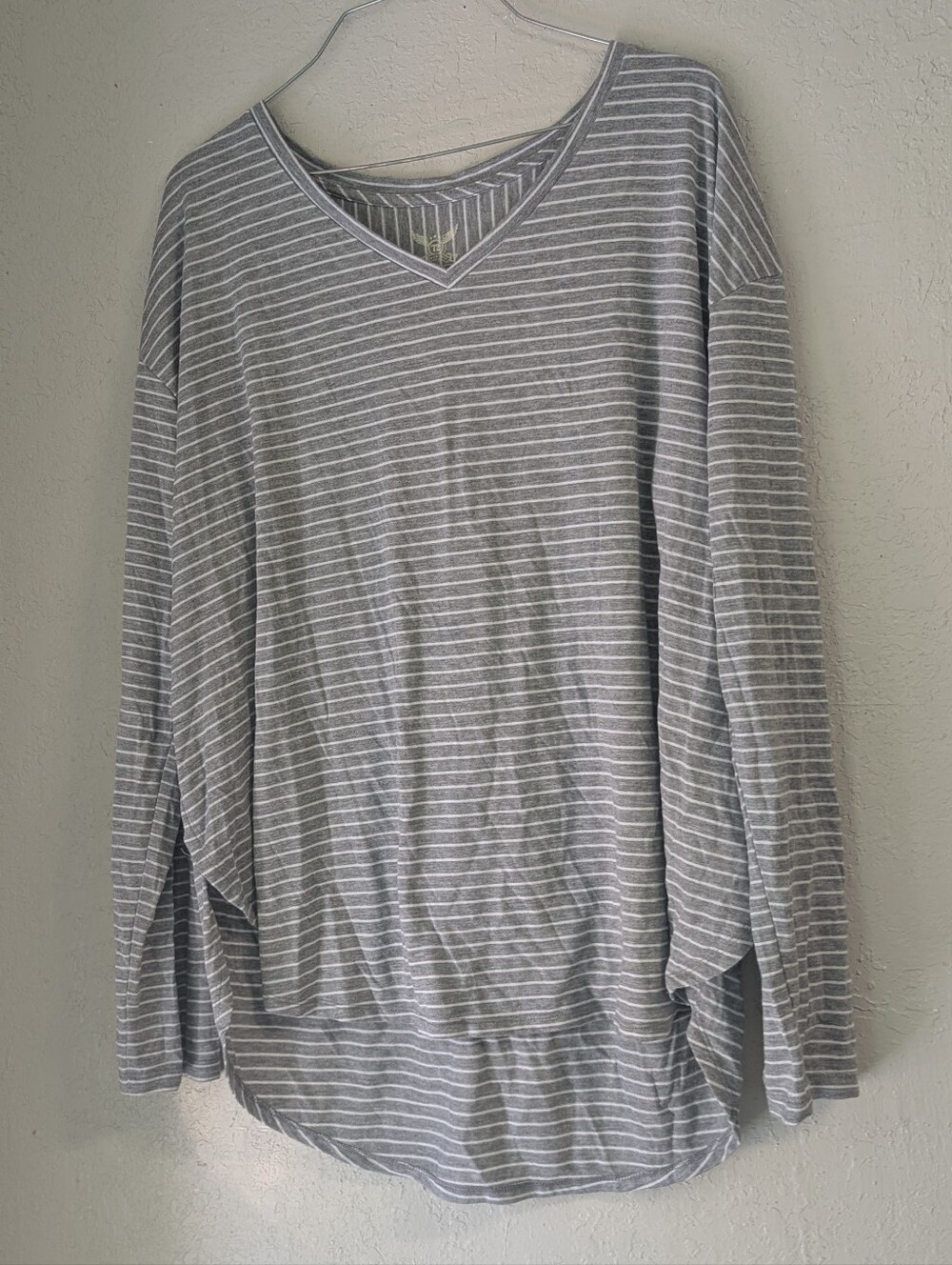 Striped V Neck Top 2xl Gray White Tunic Lagenlook Fisherman Coastal Minimalist